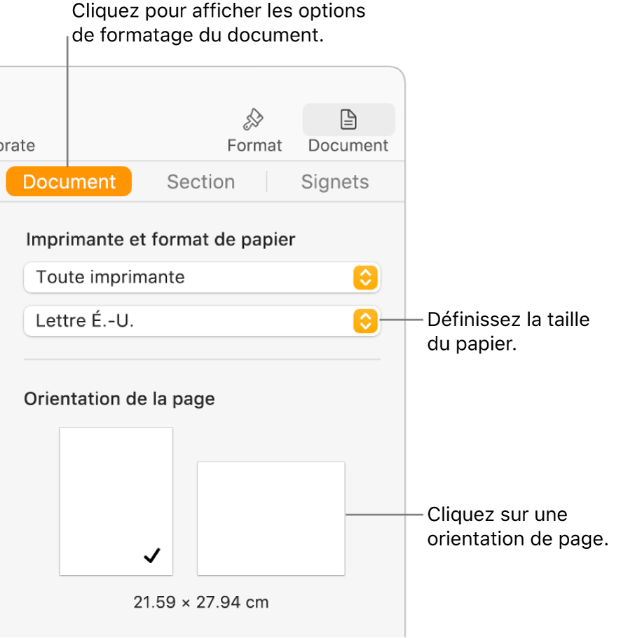Barre latérale Document avec l’onglet Document en haut de la barre latérale sélectionnée. Dans la barre latérale se trouvent un menu contextuel permettant de définir la taille du papier et des boutons pour l’orientation des pages portrait et paysage.