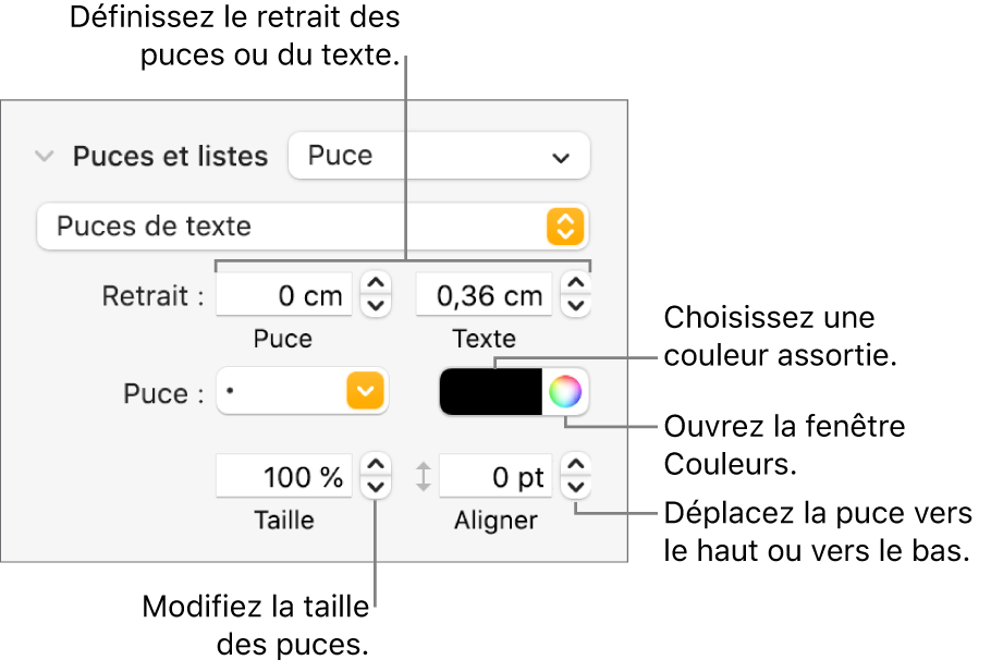 Section Puces et listes accompagnée des légendes des commandes pour le retrait des puces et du texte, la couleur des puces, leur taille et leur alignement.