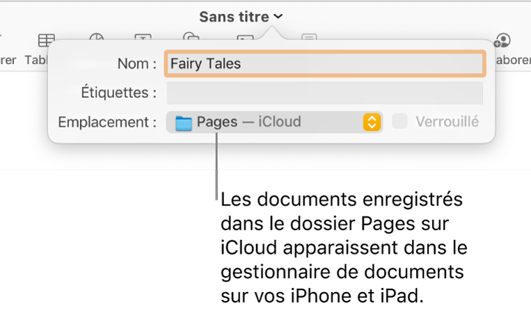Zone de dialogue d’enregistrement d’un document avec Pages (iCloud dans le menu contextuel Emplacement).