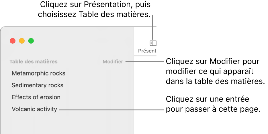 La table des matières du côté gauche de la fenêtre Pages avec un bouton Modifier dans le coin supérieur droit de la barre latérale et les entrées sous forme de liste. Le bouton Présentation se trouve dans le coin supérieur gauche de la barre d’outils Pages, au-dessus de la barre latérale.