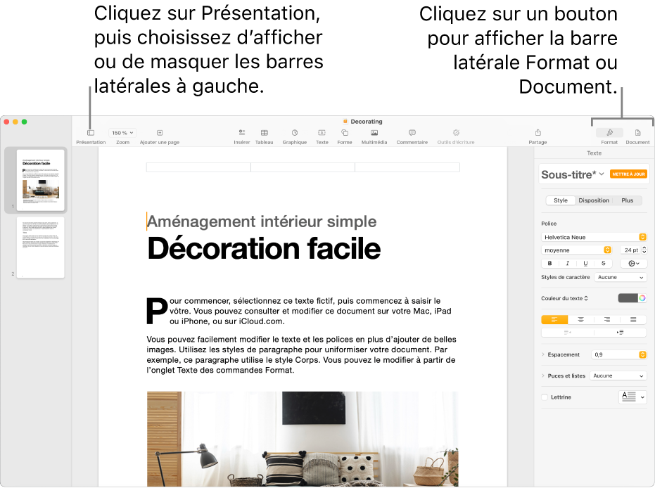La fenêtre Pages, accompagnée de légendes traitant du bouton du menu Présentation et des boutons Format et Document dans la barre d’outils. Les barres latérales sont visibles à gauche et à droite.