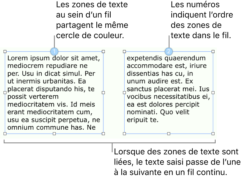 Deux zones de texte avec des cercles bleus en haut et les numéros 1 et 2 dans les cercles.