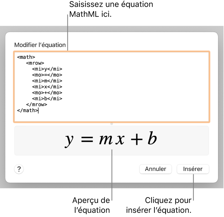 Équation de la pente d’une droite dans le champ Modifier l’équation et aperçu de la formule en dessous.