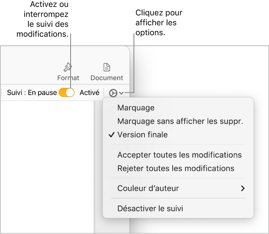 Le menu des options de suivi, avec l’option Désactiver le suivi en bas, ainsi que des légendes traitant des boutons de suivi Activé et En pause.