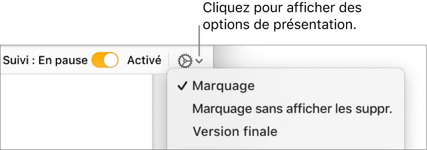 Le menu des options de révision, avec les options Marquage, Marquage sans afficher les suppr. et Version finale.