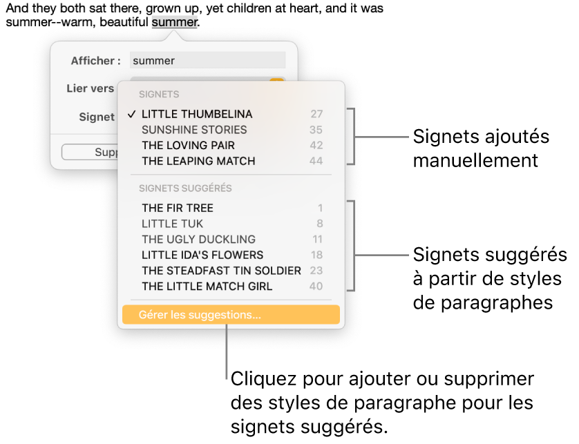 Liste de signets, avec les signets manuellement ajoutés en haut et les signets suggérés en dessous. L’option Gérer les suggestions s’affiche en bas.