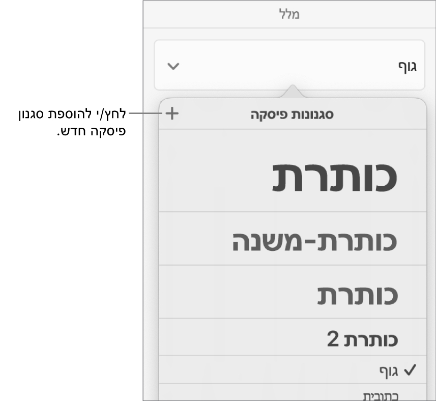התפריט ״סגנונות פיסקה״ עם הסבר לכפתור ״סגנון חדש״.