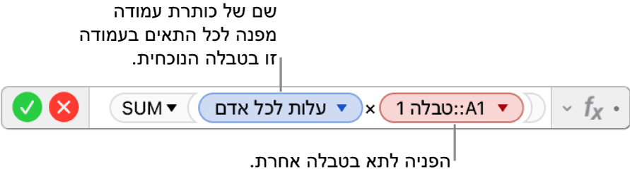 עורך הנוסחאות מציג נוסחה המפנה לעמודה בטבלה אחת ולתא בטבלה אחרת.