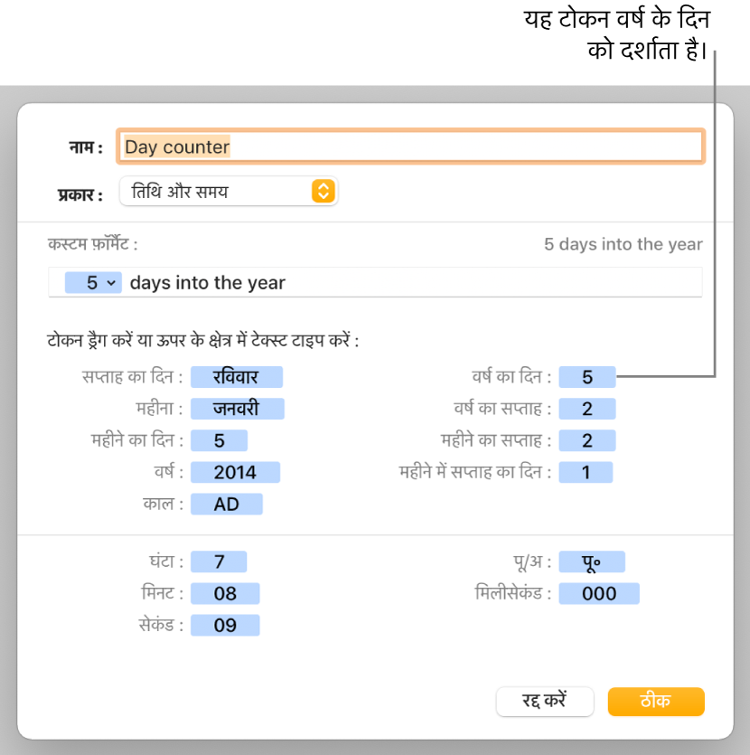 कस्टम तिथि और समय फ़ॉर्मैटिंग चुनने के नियंत्रणों वाली कस्टम सेल फ़ॉर्मैट विंडो।