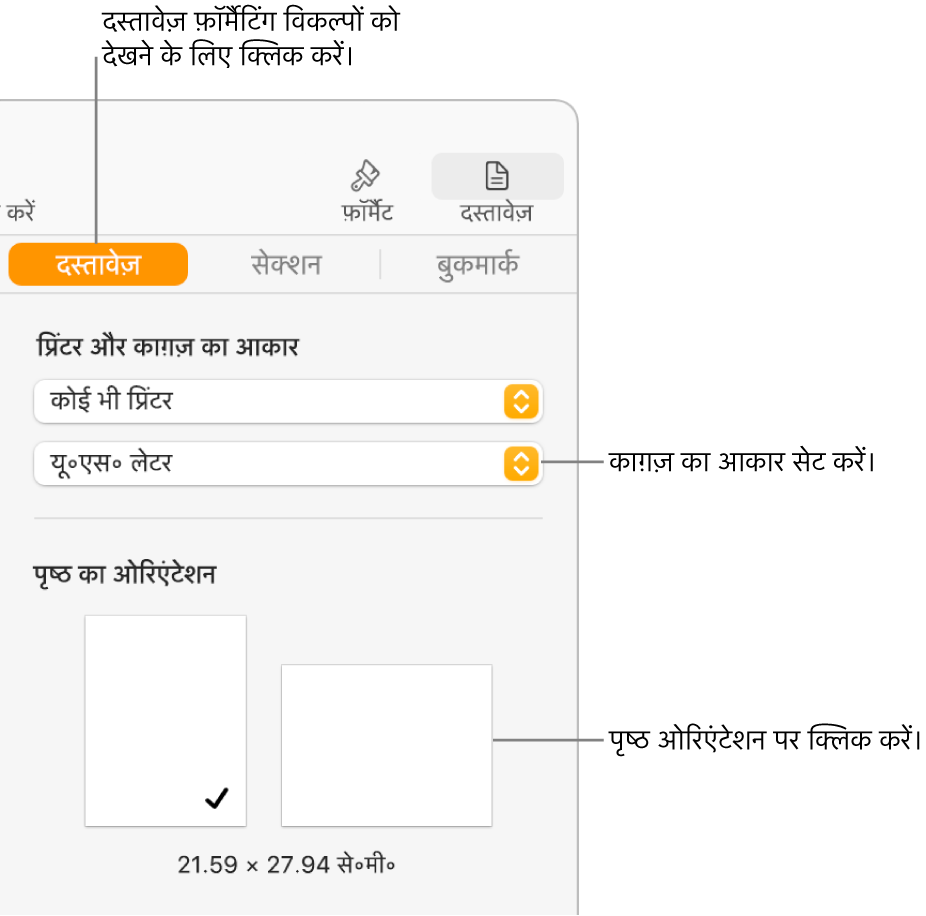 साइडबार के शीर्ष पर स्थित दस्तावेज़ टैब वाले दस्तावेज़ साइडबार चुना गया है। कागज़ का आकार सेट करने के लिए साइडबार में पॉप-अप मेनू है और पोर्ट्रेट तथा लैंडस्केप पृष्ठ ओरिएंटेशन के लिए बटन हैं।
