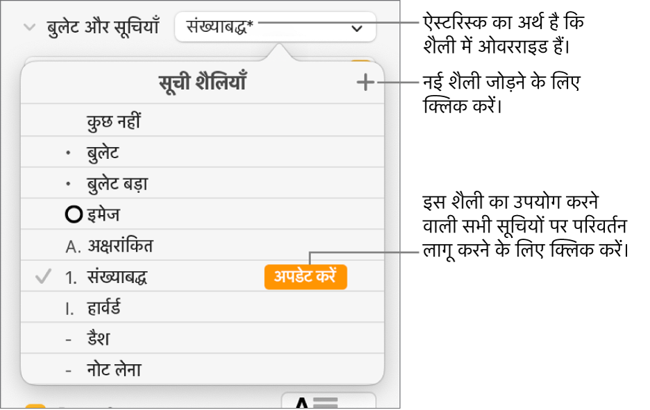 शैलियाँ प्रबंधित करने के लिए “नई शैली” बटन के लिए ओवरराइड तथा कॉलआउट इंगित करने वाला ऐस्टरिस्क दिखाता “सूची शैलियाँ” पॉपअप मेनू और विकल्पों का सबमेनू।