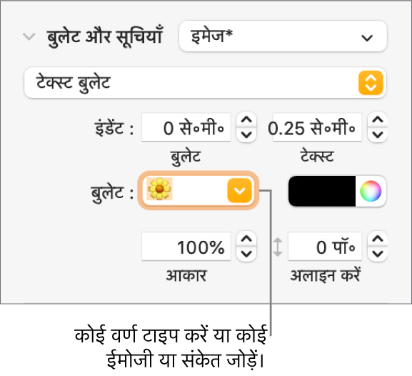 फ़ॉर्मैट साइडबार का “बुलेट और सूचियाँ” सेक्शन। “बुलेट” फ़ील्ड फूल का इमोजी दिखाता है।