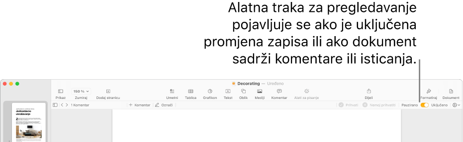 Alatna traka aplikacije Pages s uključenim praćenjem promjena i alatnom trakom za pregledavanje ispod alatne trake aplikacije Pages.