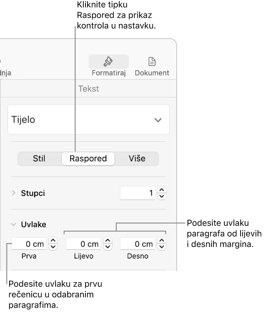 Kontrole u odjeljku Raspored u rubnom stupcu Format za podešavanje uvlake prvog reda.