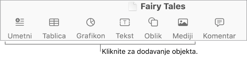 Alatna traka sa tipkama za dodavanje tablica, grafikona, teksta, oblika i medija.