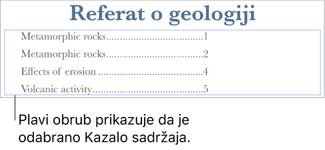 Kazalo sadržaja umetnuto u dokument. Unosi prikazuju naslove zajedno s pripadajućim brojevima stranica.