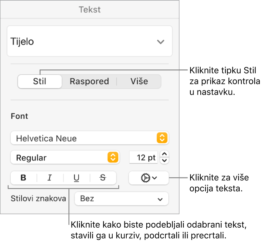 Kontrole Stila u rubnom stupcu Format s balončićima za tipke Podebljano, Kurziv, Podcrtano i Precrtano.