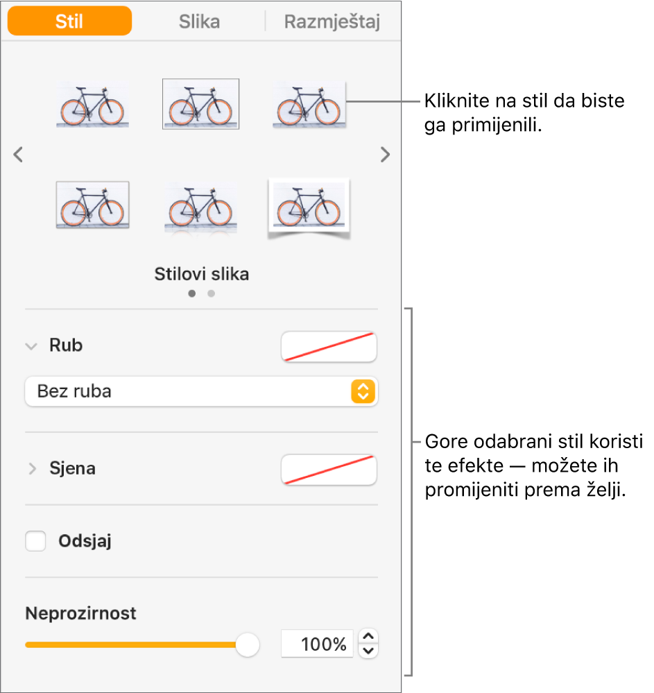 Kartica Stil u rubnom stupcu Format s prikazom opcija stila objekta.