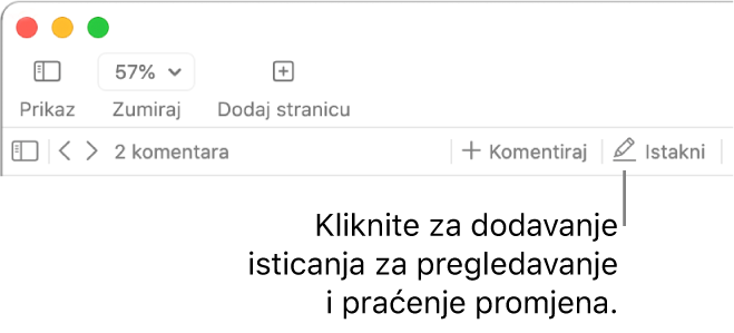 Traka s izbornikom u kojoj se prikazuje izbornik Umetni i, ispod nje, alatna traka aplikacije Pages s prikazanim alatima za pregled te balončićem za tipku Označi.