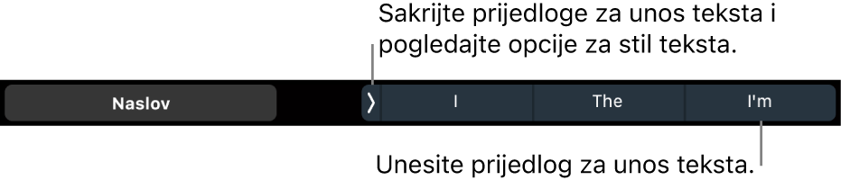 MacBook Pro Touch Bar s kontrolama za odabir stila teksta, skrivanje prijedloga za tipkanje i umetanje prijedloga za tipkanje.