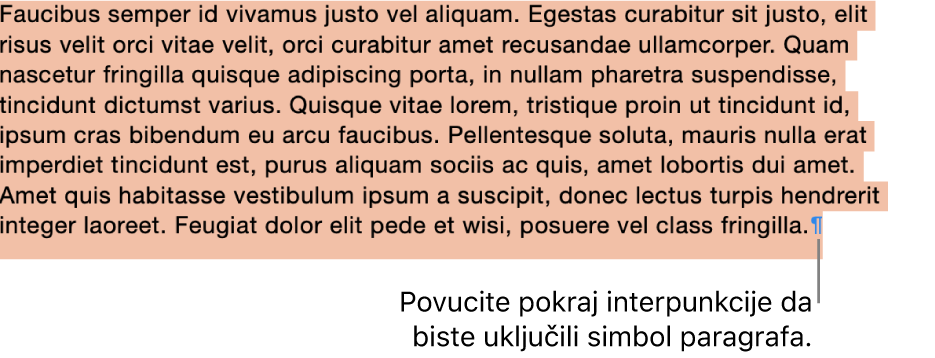 Odabrani paragraf, sa simbolom paragrafa koji se nalazi u odabiru.