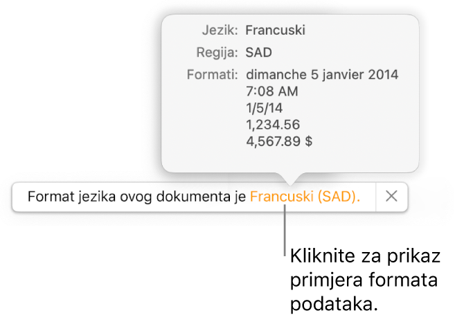 Obavijest o postavci drugog jezika i regije, pokazuje primjere formatiranja na tom jeziku i u toj regiji.
