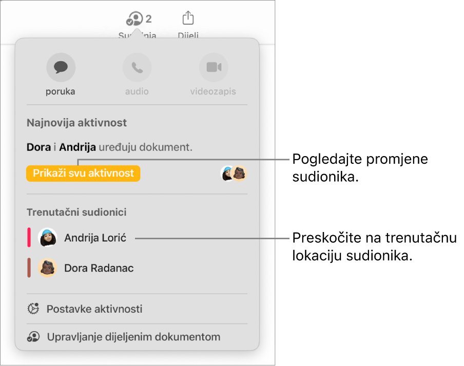 Izbornik suradnje s dva trenutačna sudionika na popisu.