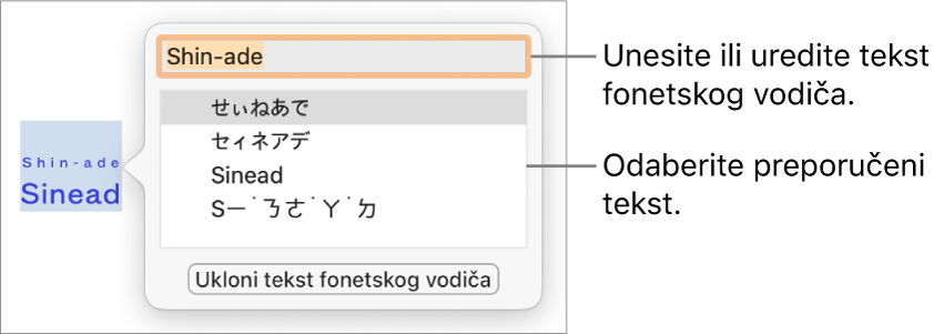 Fonetski vodič otvoren za riječ, s balončićima za polje teksta i predloženi tekst.