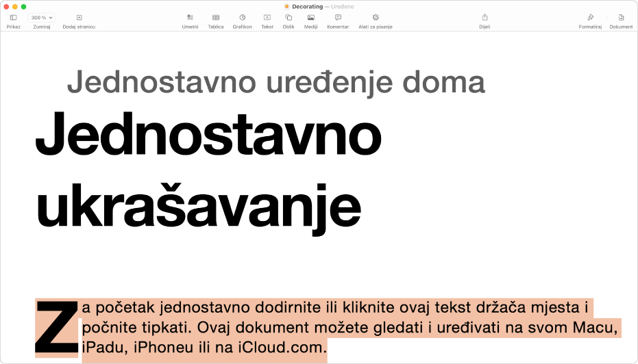 U otvorenom dokumentu s odabranim tekstom držača mjesta predloška.