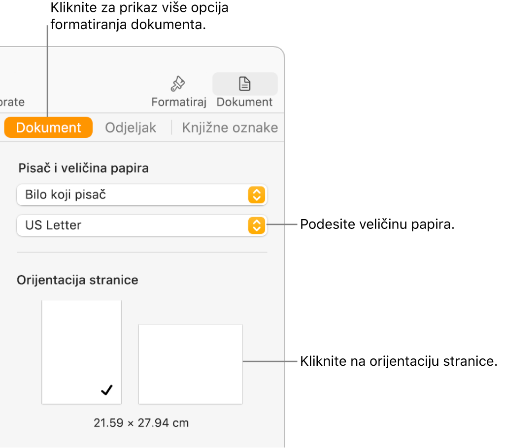Rubni stupac Dokumenta s odabranom karticom Dokument pri vrhu rubnog stupca. U rubnom se stupcu nalazi skočni izbornik za podešavanje veličine papire te tipke za portretnu i pejzažnu orijentaciju stranice.
