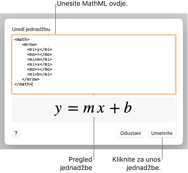 Jednadžba za nagib linije u polju Uredi jednadžbu, i pregled jednadžbe u nastavku.