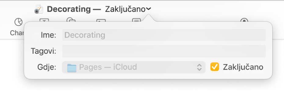 Skočni izbornik za zaključavanje ili otključavanje dokumenta.