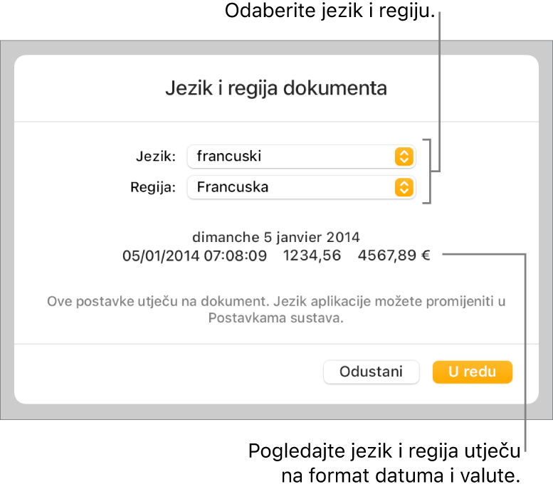Prozor Jezik i regija s kontrolama za jezik i regiju te primjer formatiranja uključujući datum, vrijeme, decimalu i valutu.