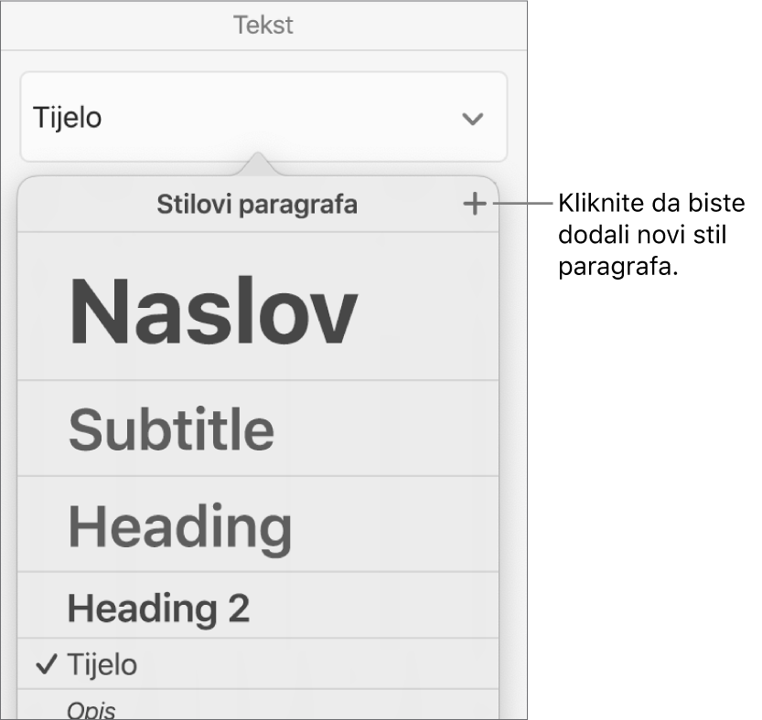 Izbornik stilova paragrafa s oblačićem za tipku Novi stil.