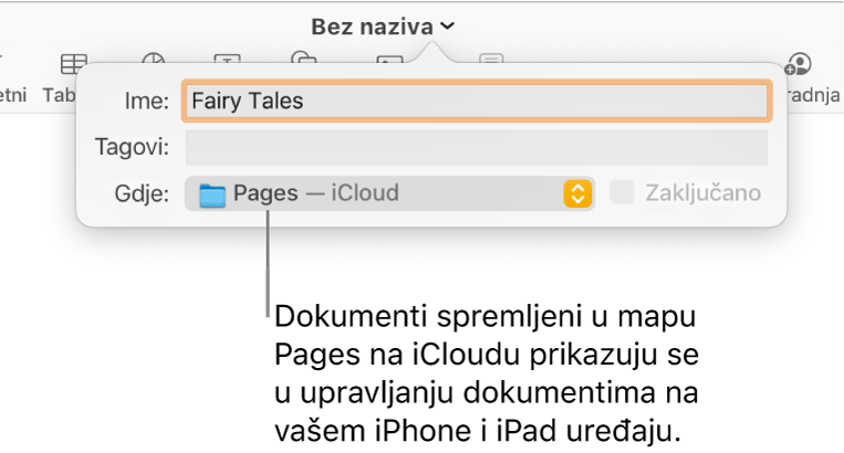 Dijaloški okvir Spremi za dokument s aplikacijom Pages – iCloud u skočnom izborniku Gdje.