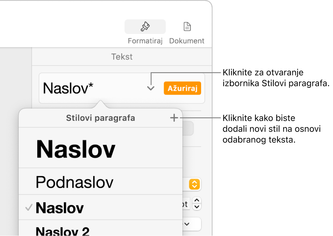 Izbornik Stilovi paragrafa s prikazanim kontrolama za dodavanje ili promjenu stila.