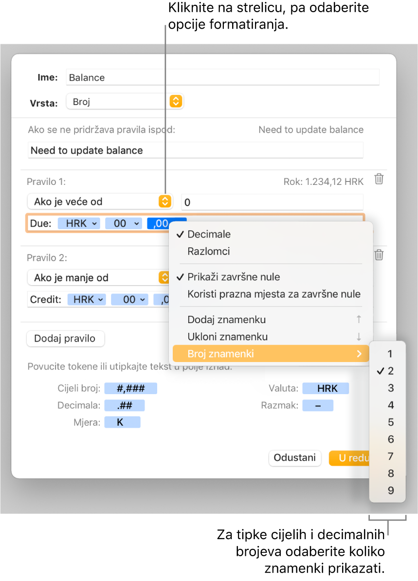 Prozor prilagođenog formata ćelije s kontrolama za odabir opcija prilagođenog formatiranja.