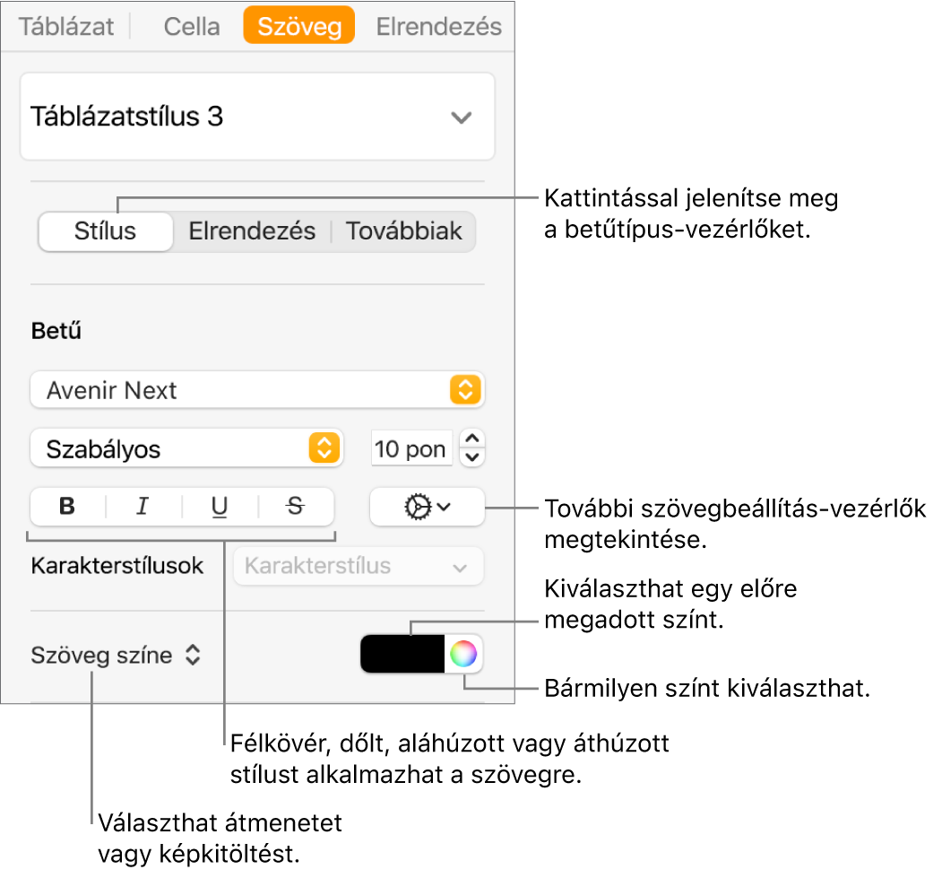 A táblázatszöveg stílusának beállítására szolgáló vezérlők.