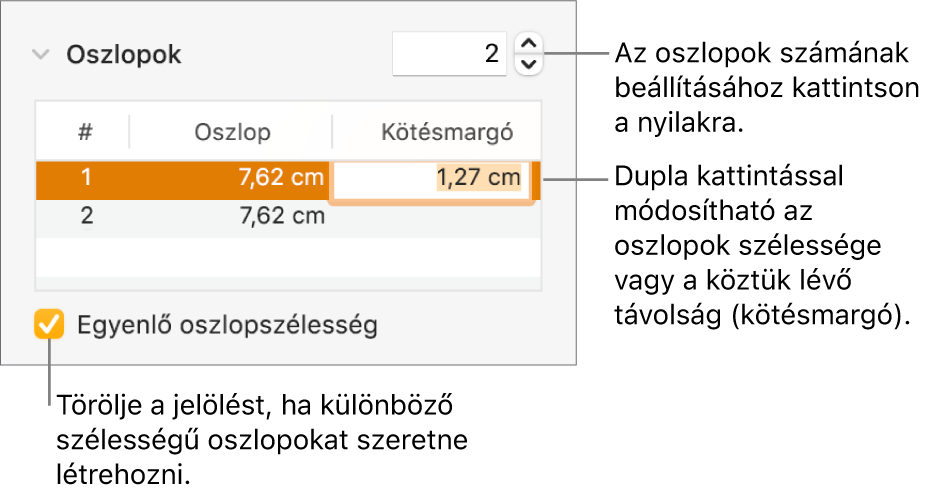 A Formátumvizsgáló Elrendezés panelje az oszlopok vezérlőivel.