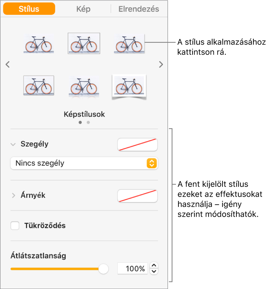 A Formátum oldalsáv Stílus lapja az objektumstílus-beállításokkal.