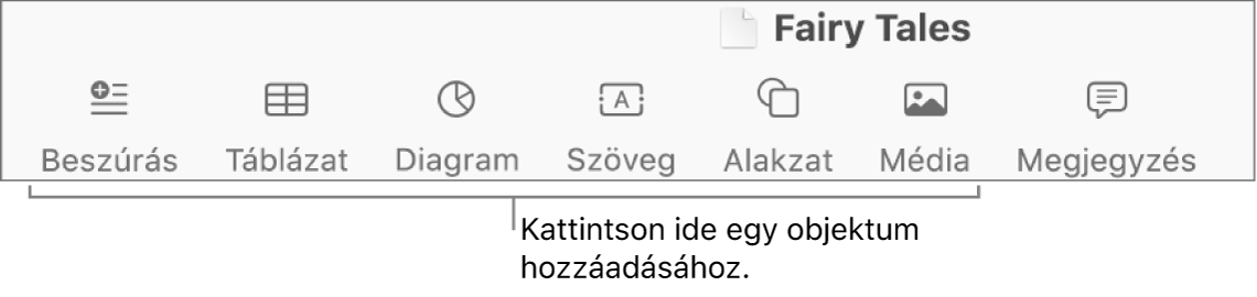 Eszközsor táblázatok, diagramok, szövegek, alakzatok és médiatartalmak hozzáadására szolgáló gombokkal.