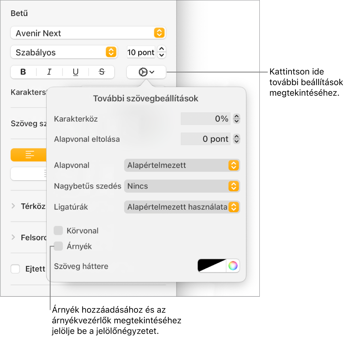 A Haladó beállítások menü megnyitott állapotban a bejelölt Árnyékok jelölőnégyzettel, valamint az elmosódás, az eltolás, az átlátszatlanság, a szög és a szín beállítására szolgáló vezérlőkkel.