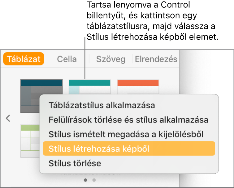 A Táblázatstílus helyi menü.