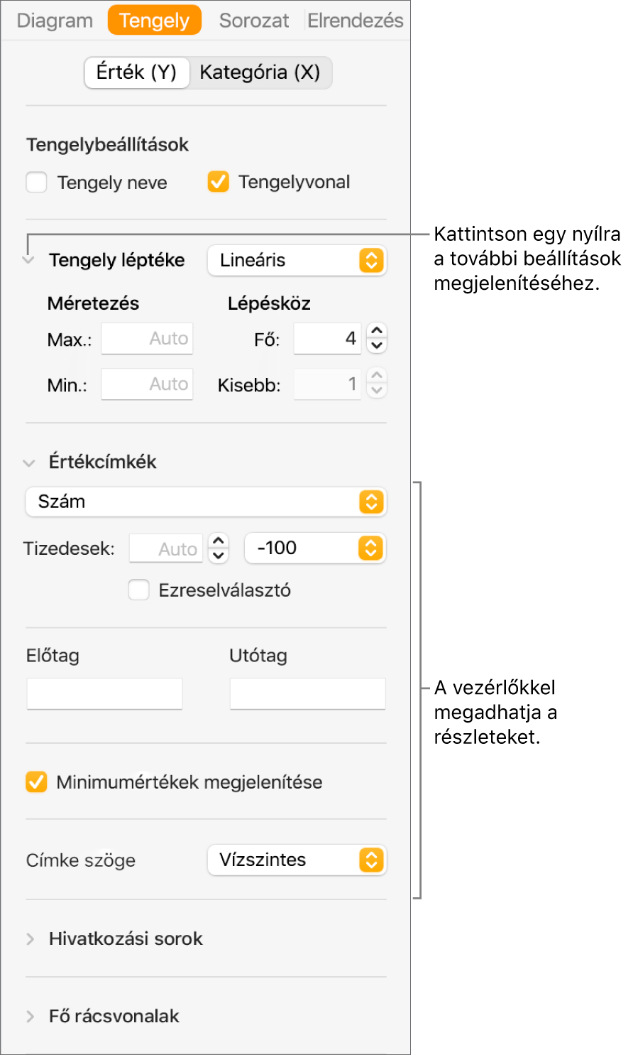 Vezérlők a diagramtengelyek jelölésének formázására.