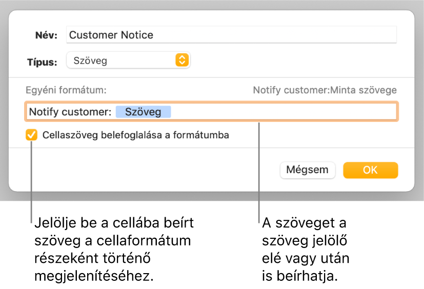 Az Egyéni cellaformátum-ablak az egyéni szövegformázások kiválasztására szolgáló vezérlőkkel.