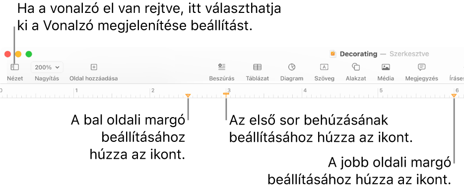 Vonalzó a bal oldali margóvezérlővel és első sori behúzásvezérlővel.