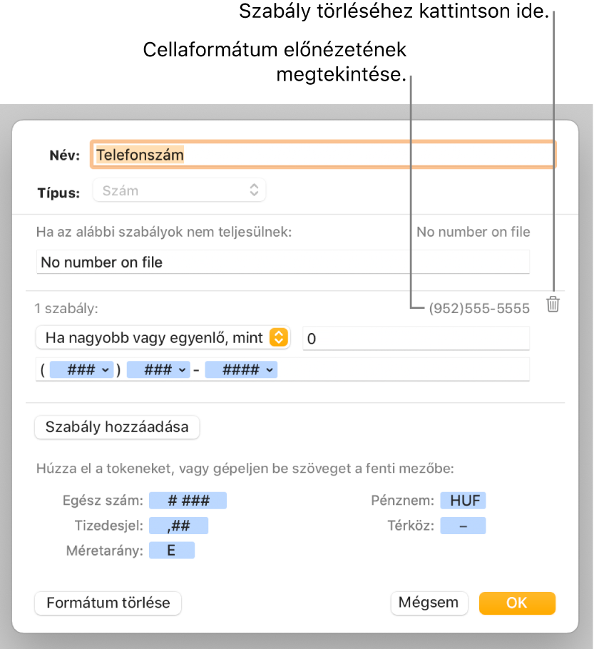 Az Egyéni cellaformátum-ablak az egyéni számformázások kiválasztására szolgáló vezérlőkkel.