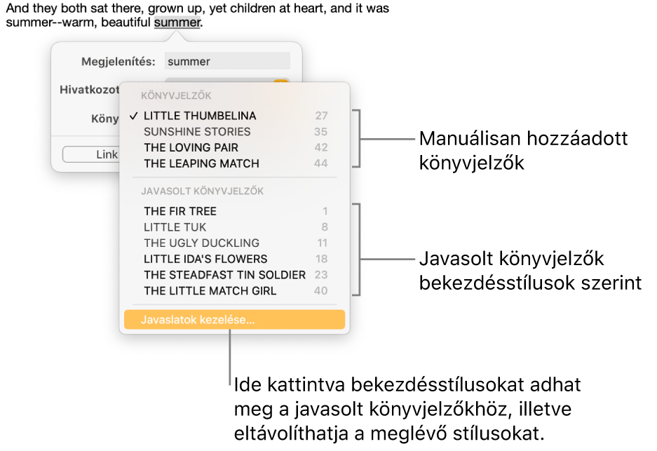 A manuálisan létrehozott könyvjelzők listája felül, a javasolt könyvjelzők pedig alul láthatók. A Javaslatok kezelése beállítás alul található.