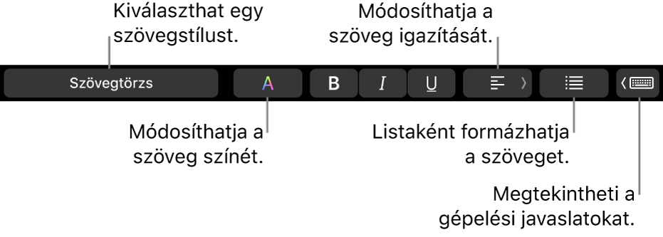 A MacBook Pro Touch Barja a szövegstílus kiválasztására, szöveg színének módosítására, a szöveg igazításának módosítására, szöveg listaként történő formázására és a gépelési javaslatok megjelenítésére szolgáló vezérlőkkel.
