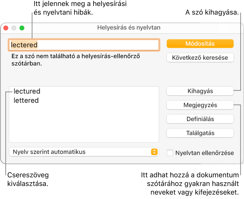 A Helyesírás és nyelvtan ablak.